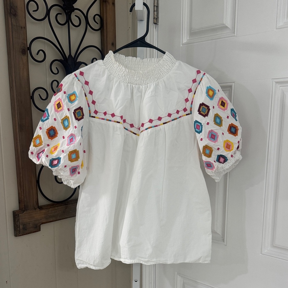 White Embroidered Puff Sleeve Blouse with Multicolor Accents